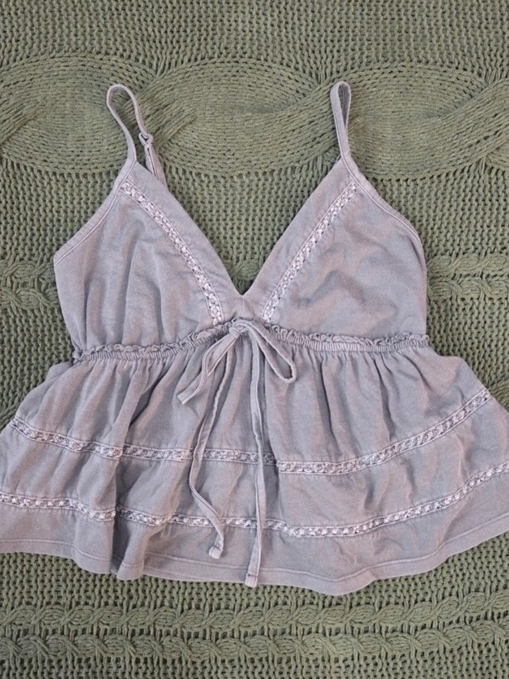 SO Baby Doll Top Spaghetti Strap Flowy Lace Detail Grey